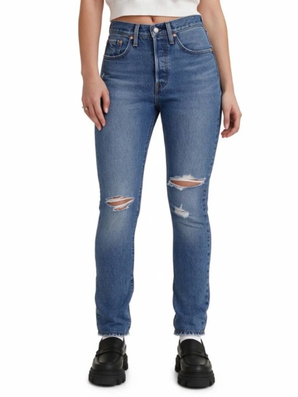Levis 501 S Skinny Distressed High Rise 100% Cotton Denim Jeans 24x28 NWT